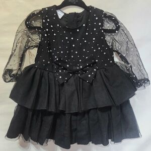 Elegant Black Polka Dot Kids Dress with Sheer Sleeves Layered Ruffles